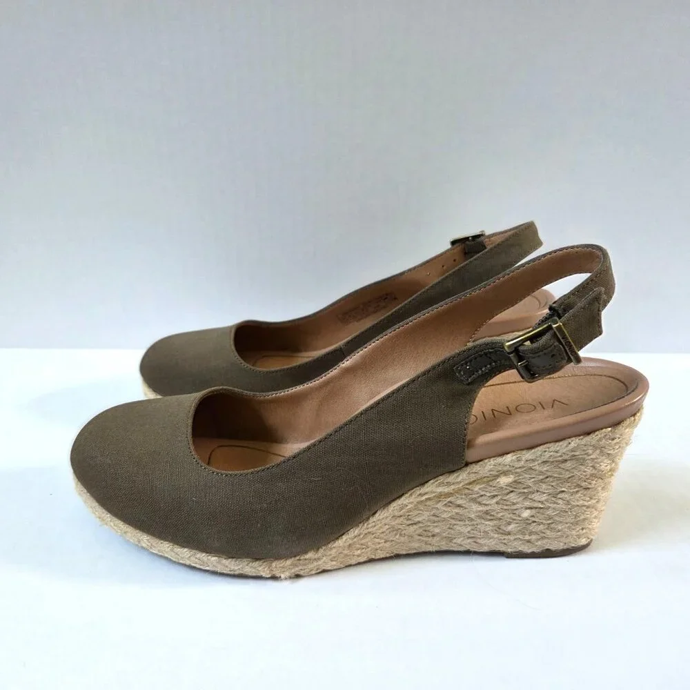 Vionic Coralina Espadrille Wedges Size 9.5 Olive Green Slingback Preppy Sandals